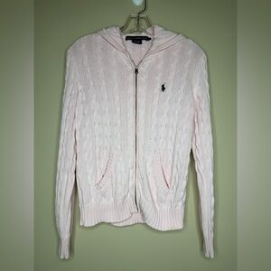 Ralph Lauren Sport Cable Knit Hoodie Pale Pink Zipper Front Cotton Size Large